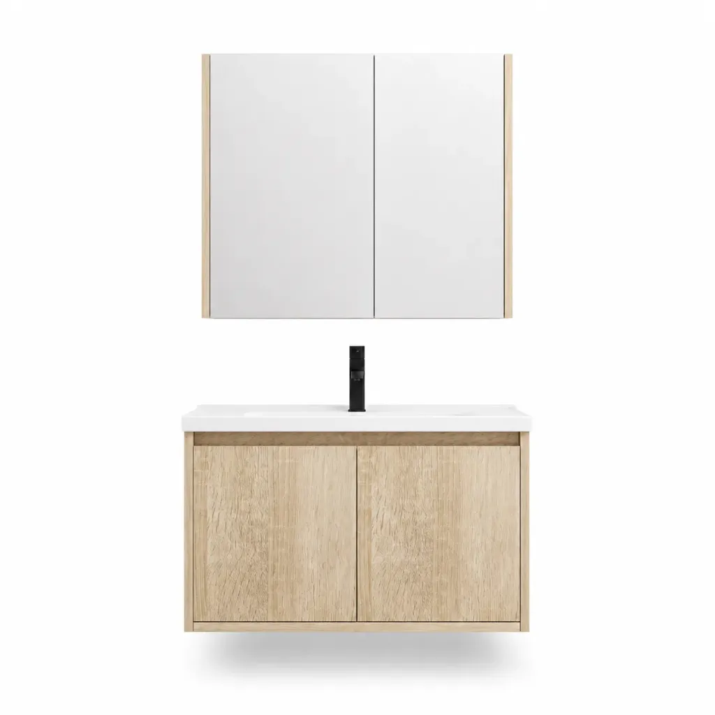 OL-04 Light Wood-Grain Bathroom Vanity Set with Double-Door Mirror Cabinet